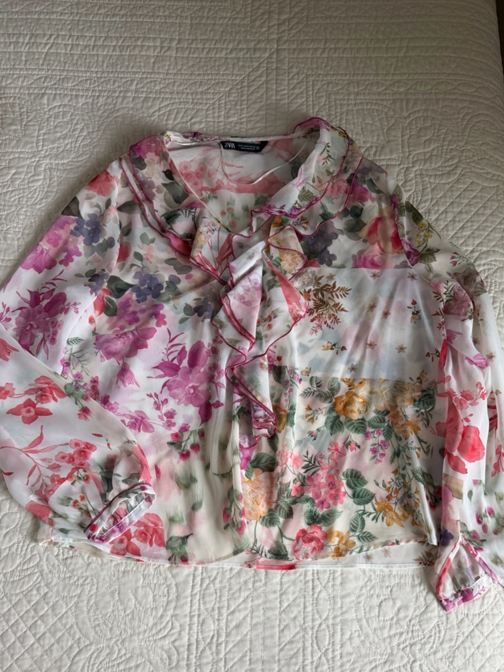 Zara White Sheer Floral Ruffle Blouse - Pink, Green, Yellow